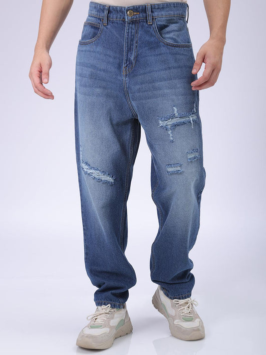 Men's Blue Loose Tapered Fit Solid Distressed Overdyed Jeans