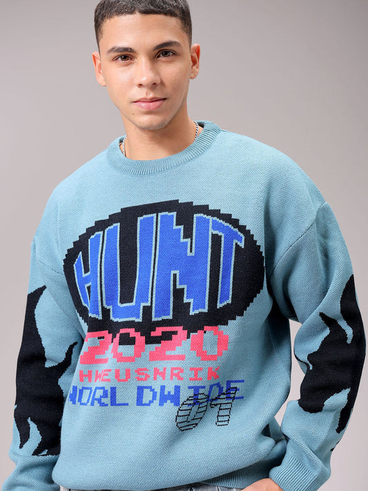 Men's Turquoise Blue Oversized Graphic Printed Sweater