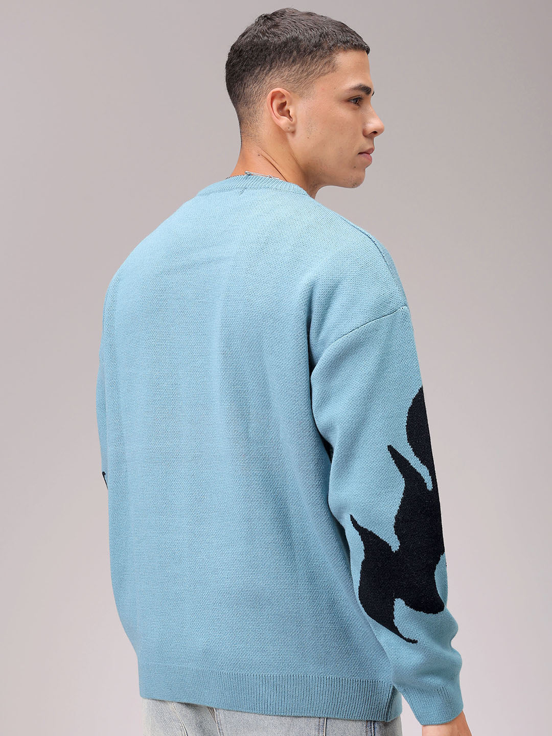 Men's Turquoise Blue Oversized Graphic Printed Sweater