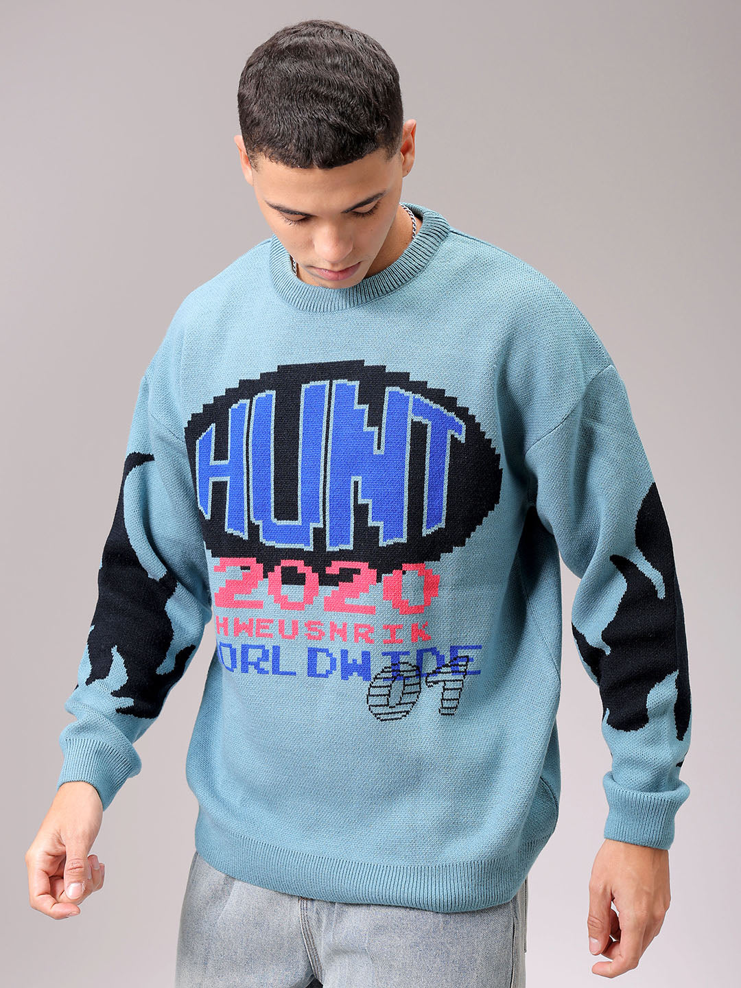 Men's Turquoise Blue Oversized Graphic Printed Sweater