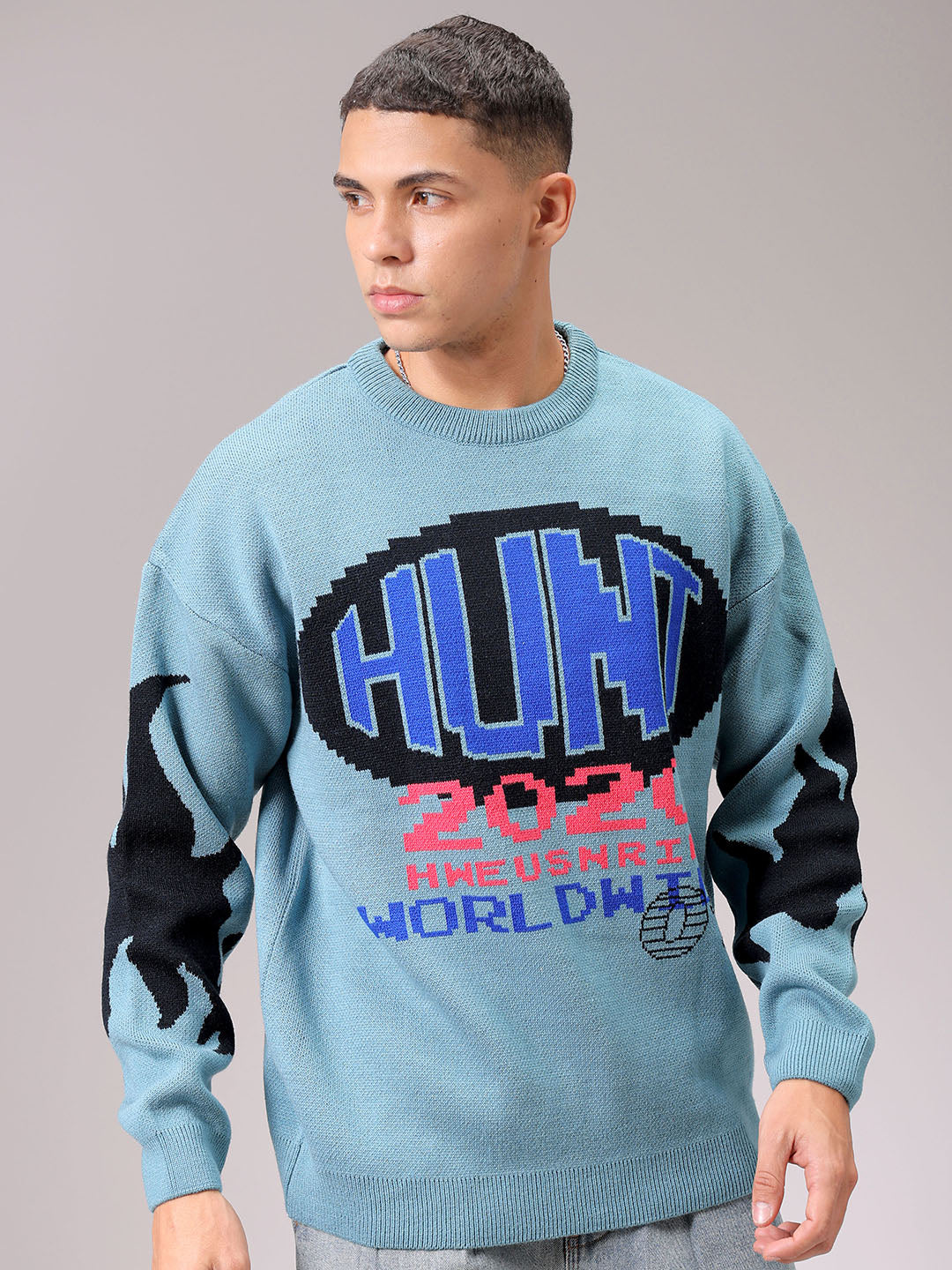 Men's Turquoise Blue Oversized Graphic Printed Sweater