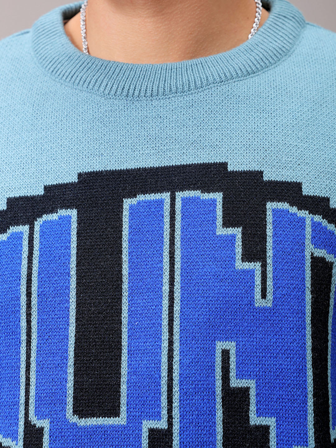 Men's Turquoise Blue Oversized Graphic Printed Sweater