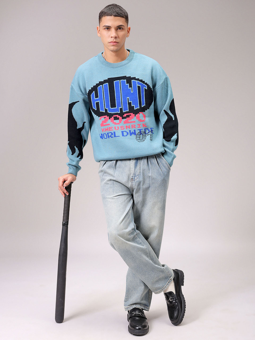 Men's Turquoise Blue Oversized Graphic Printed Sweater