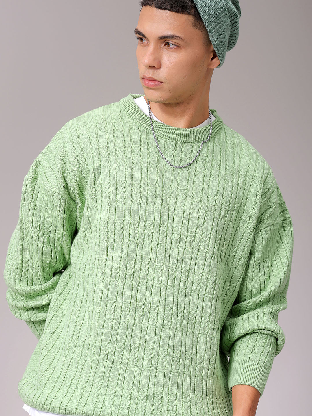 Men's Green Oversized Textured Sweater