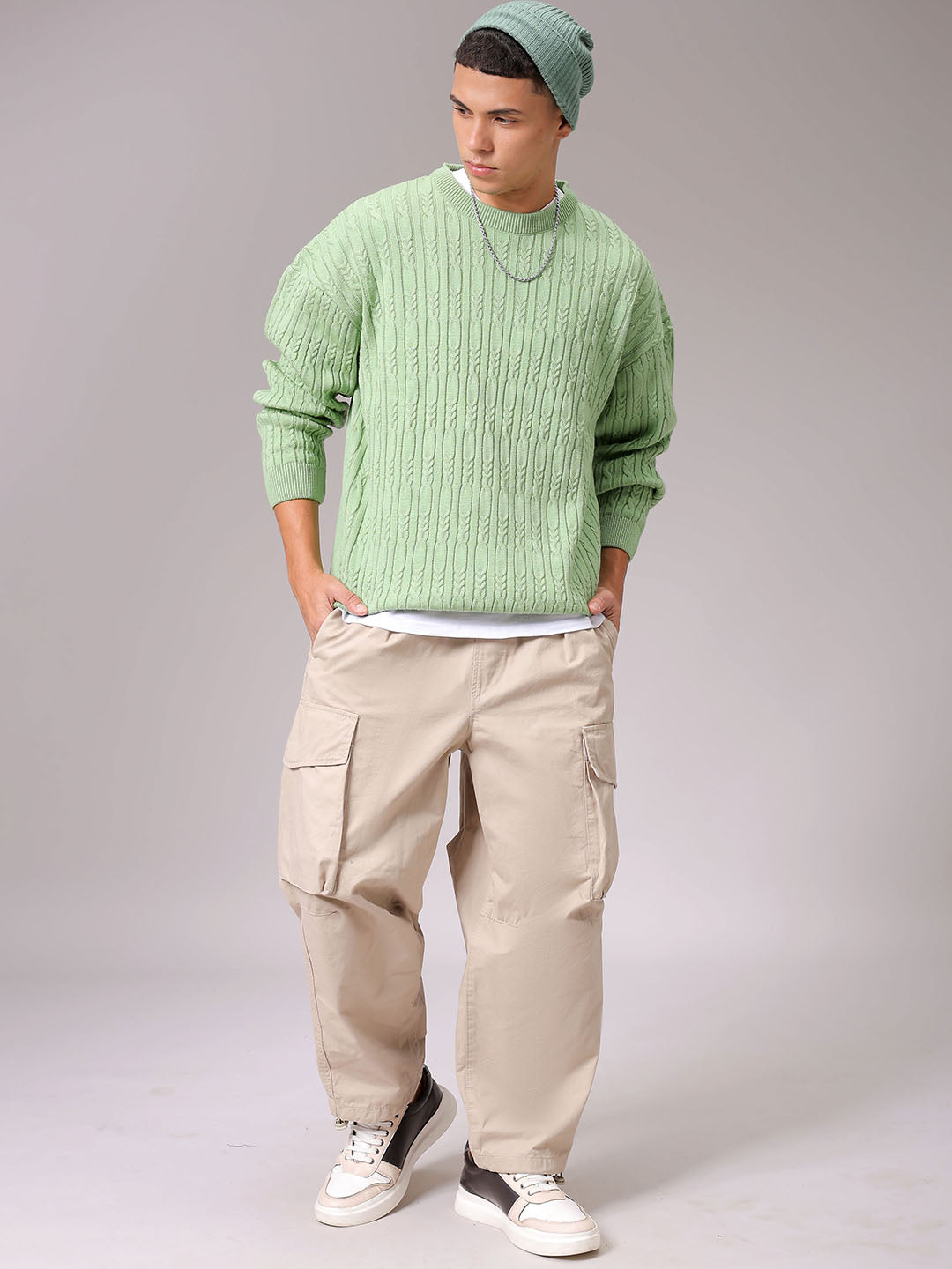 Men's Green Oversized Textured Sweater