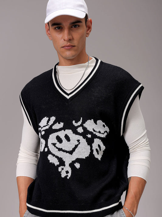 Men's Black Boxy Fit Graphic Printed Sweater