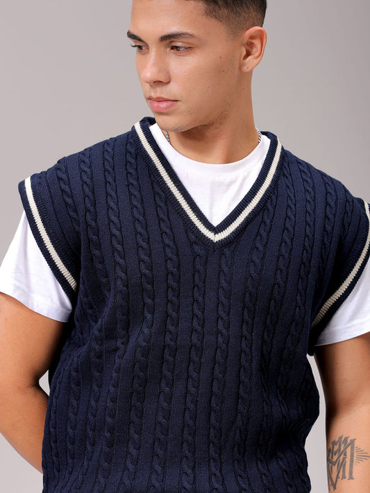 Men's Navy Blue Oversized Textured Sweater