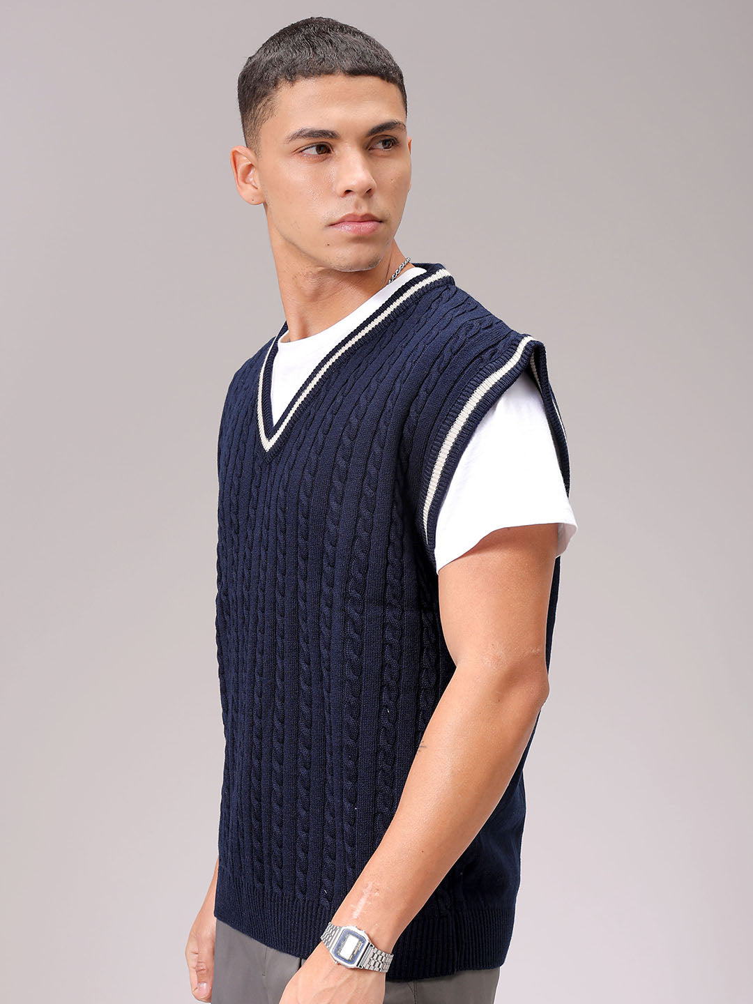 Men's Navy Blue Oversized Textured Sweater