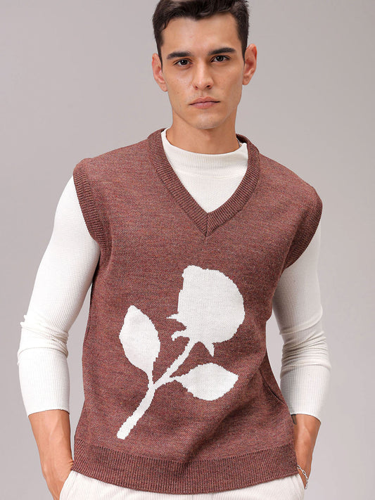 Men's Brown Relaxed Fit Floral Sweater