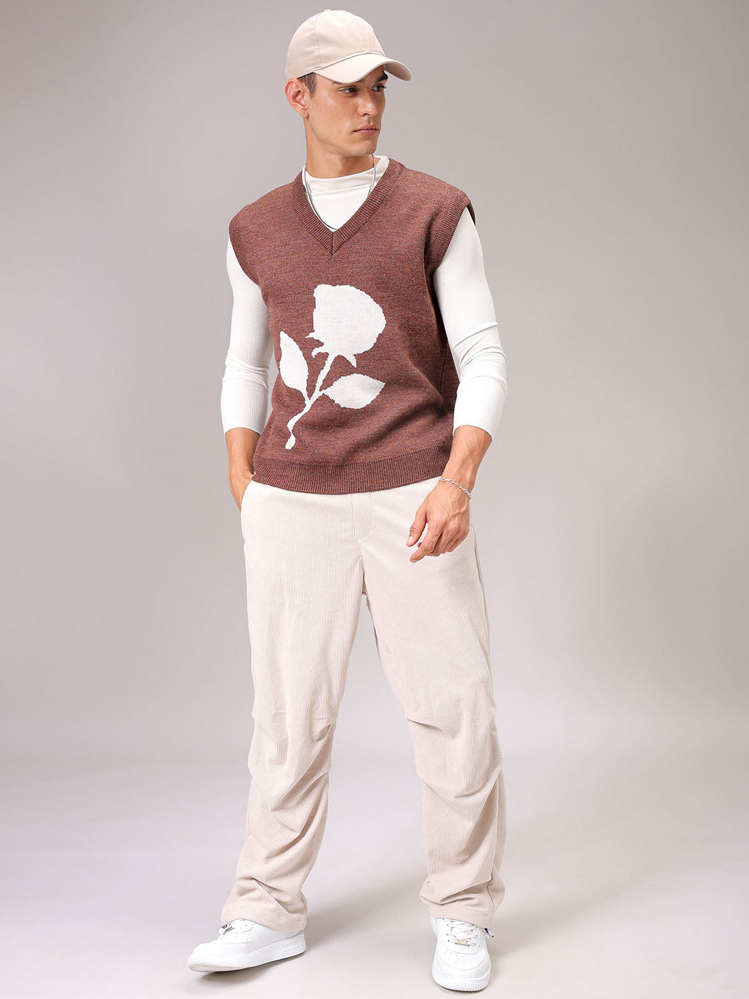 Men's Brown Relaxed Fit Floral Sweater