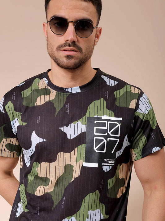 Men's Black Slim Fit Abstract Printed T-Shirt