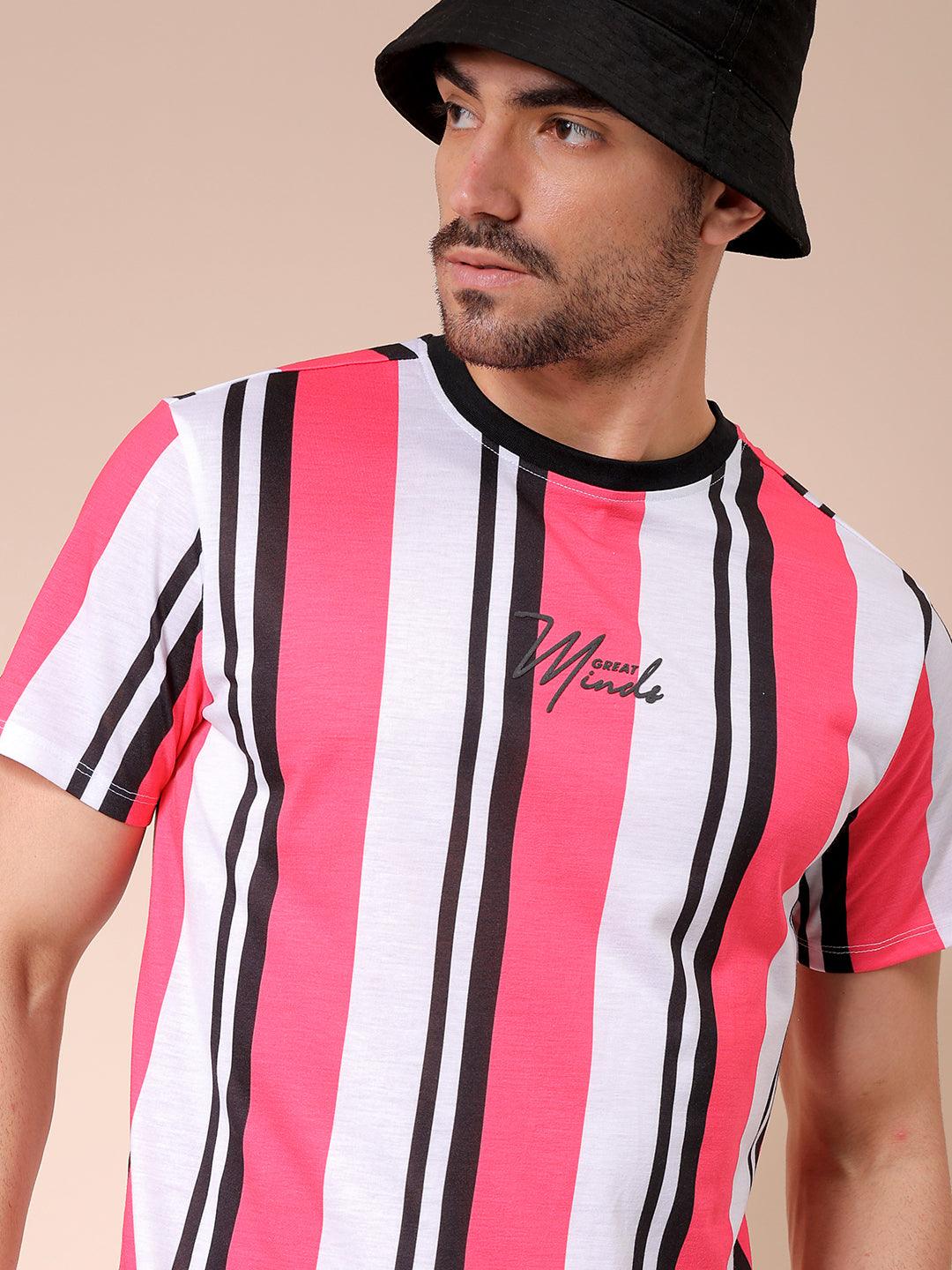 Men's Pink Slim Fit Striped T-Shirt