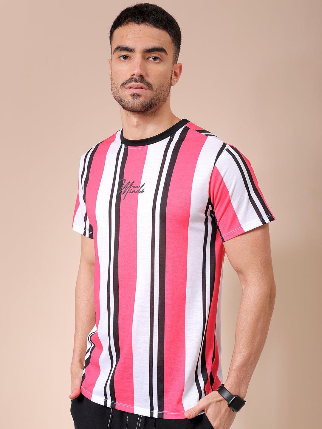 Men's Pink Slim Fit Striped T-Shirt