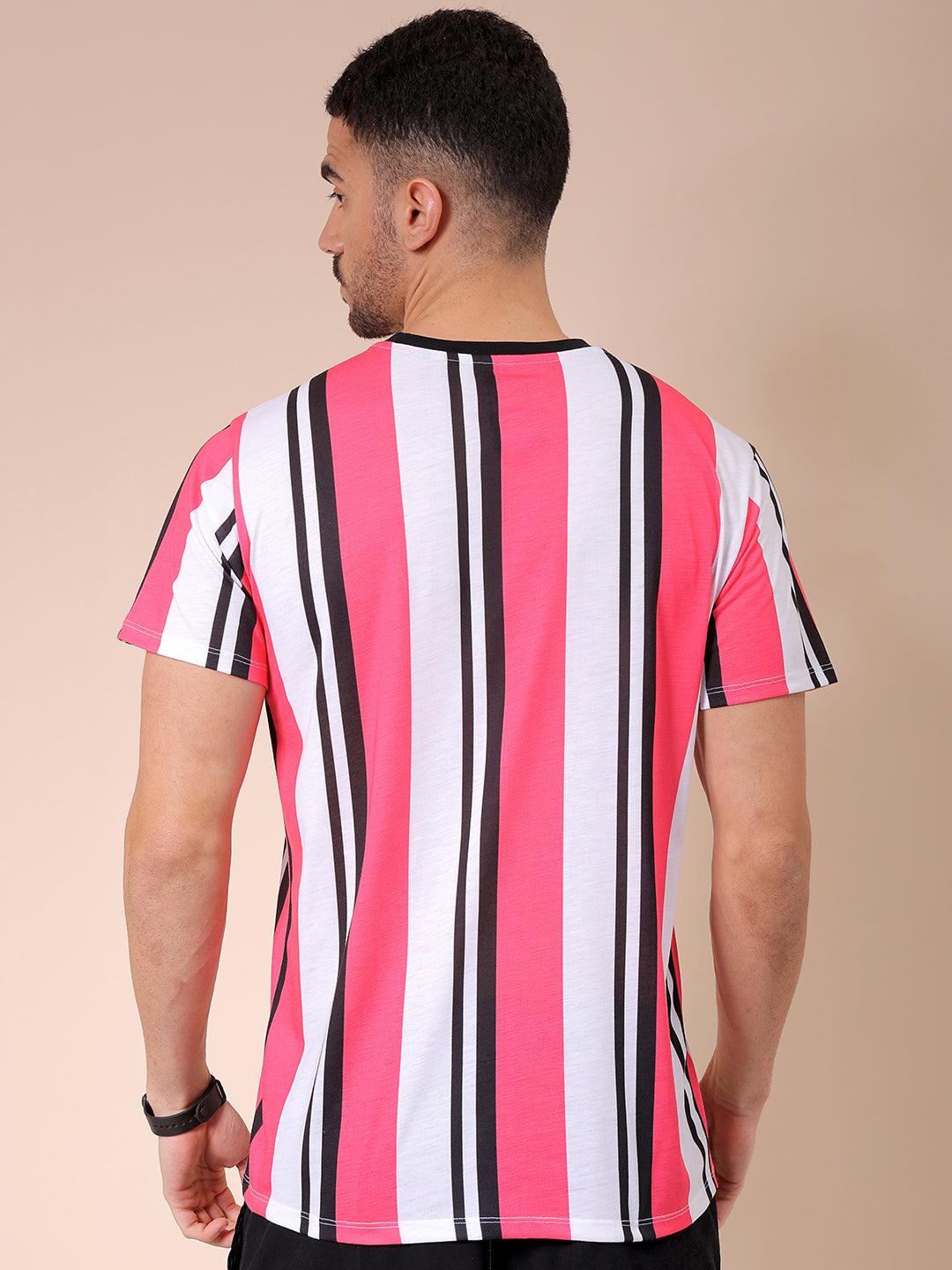 Men's Pink Slim Fit Striped T-Shirt