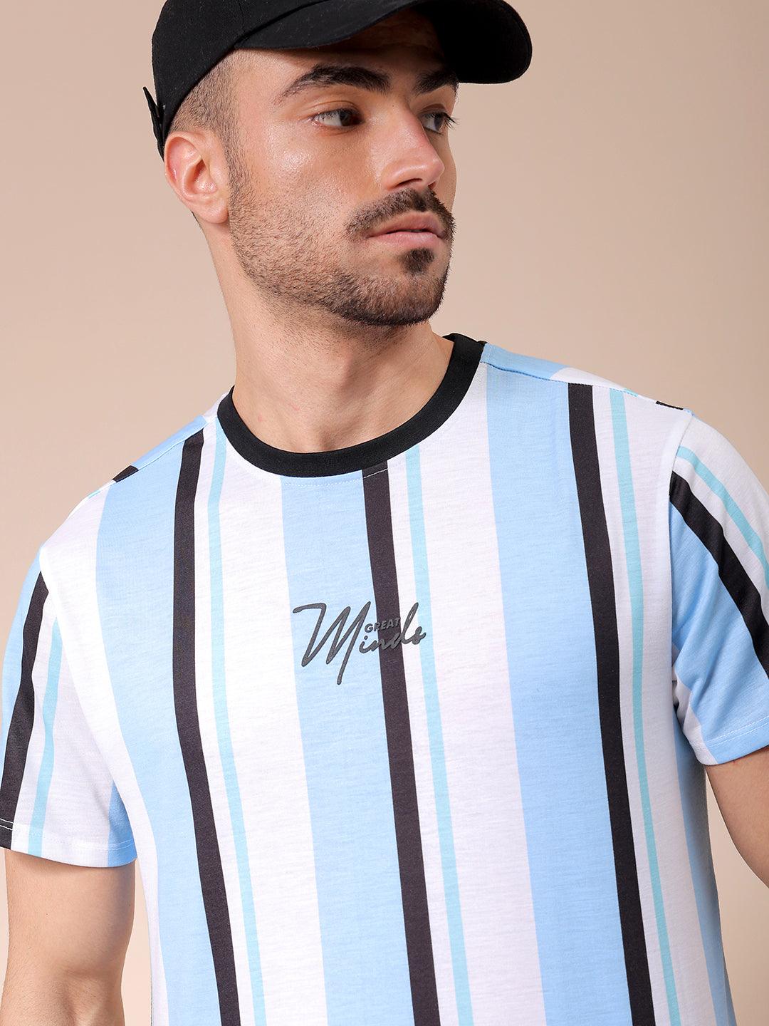 Men's Blue Slim Fit Striped T-Shirt