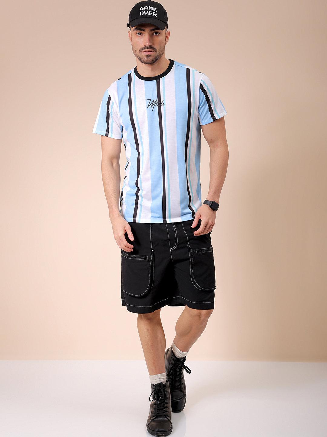 Men's Blue Slim Fit Striped T-Shirt