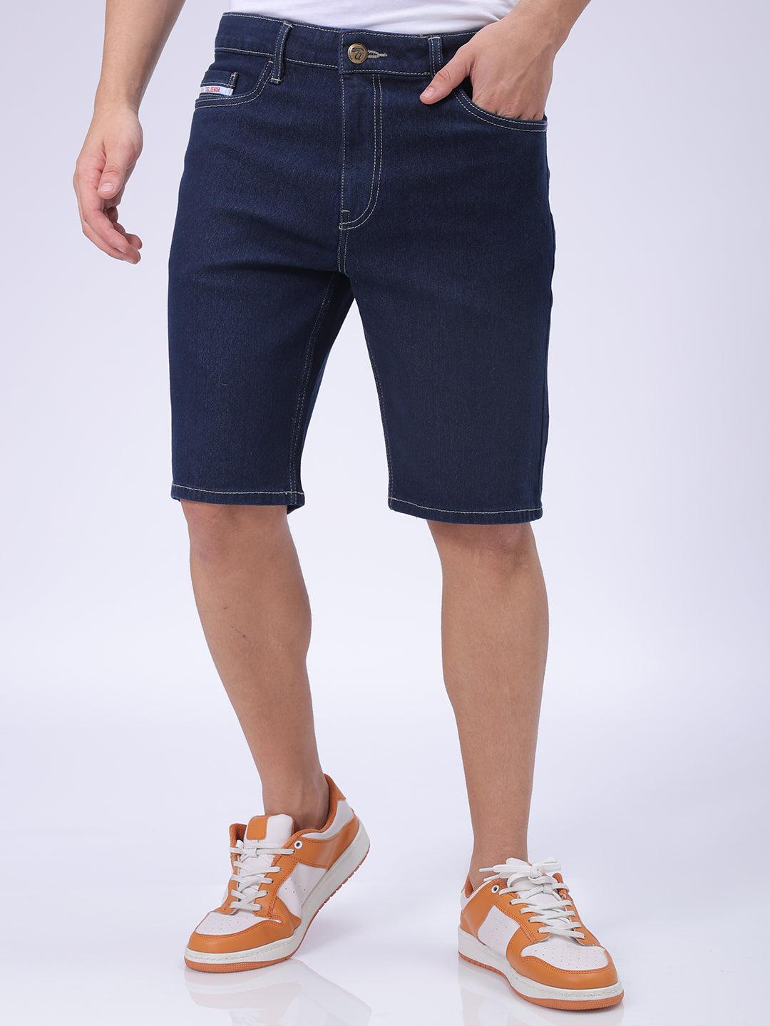 Men's Blue Slim Fit Solid Denim Shorts