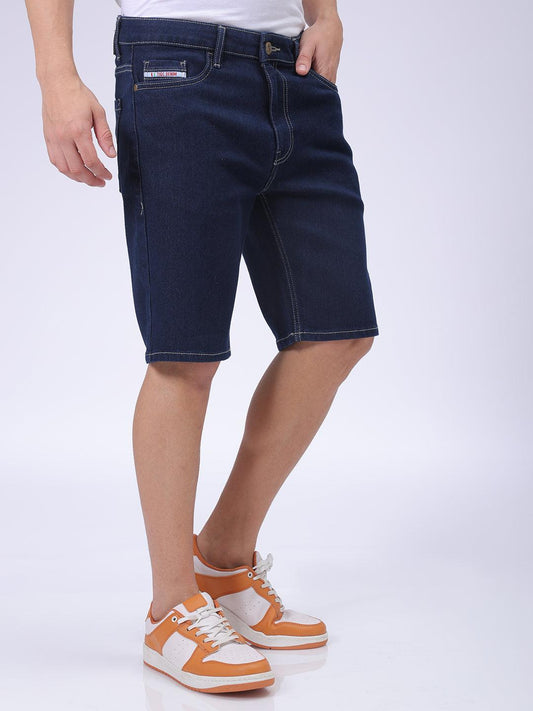 Men's Blue Slim Fit Solid Denim Shorts