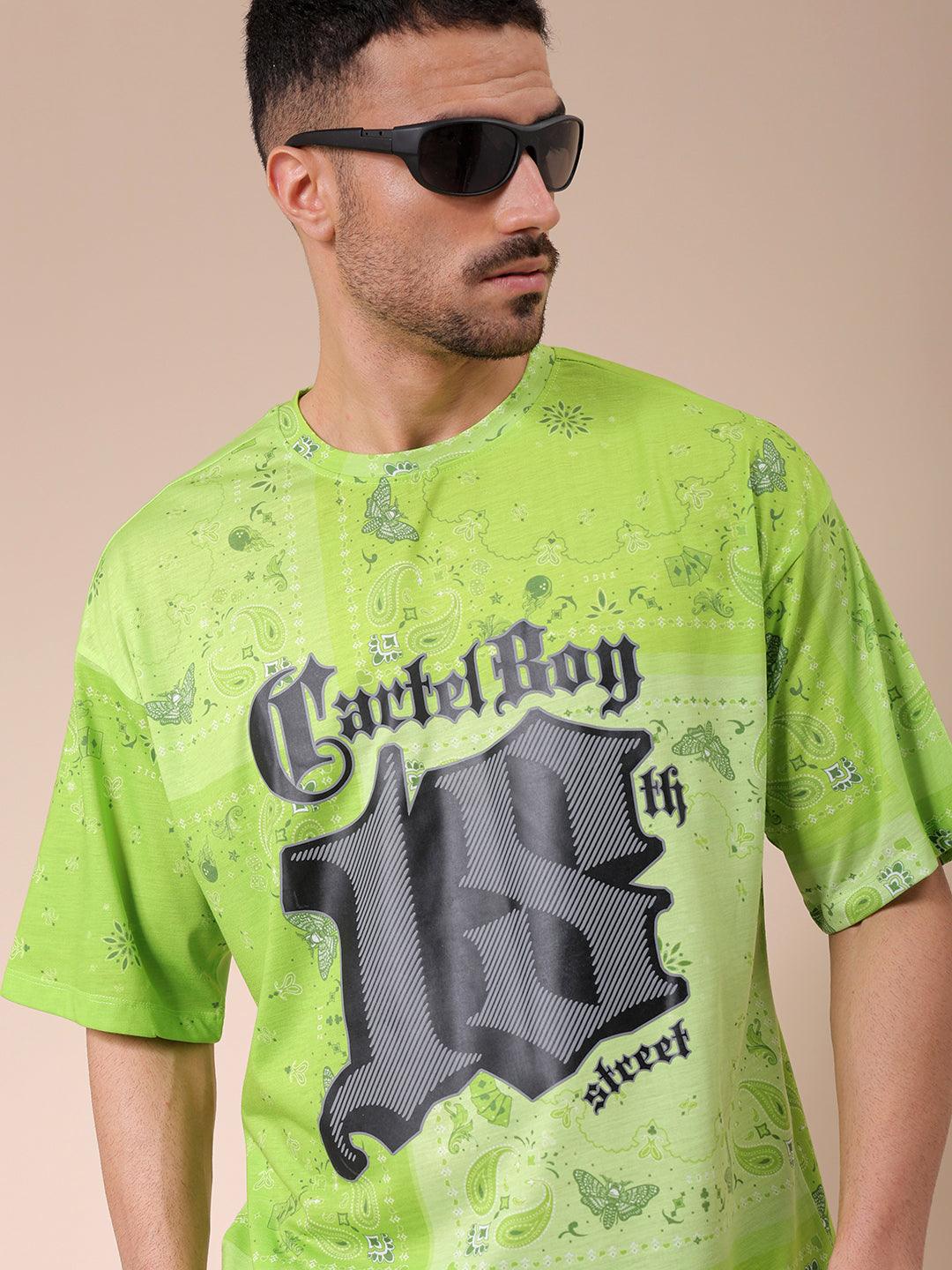 Men's Green Oversized Paisley Printed T-Shirt