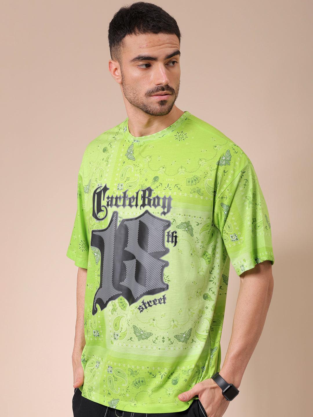 Men's Green Oversized Paisley Printed T-Shirt