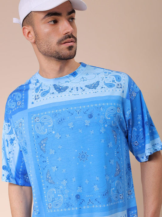 Men's Blue Oversized Paisley Printed T-Shirt