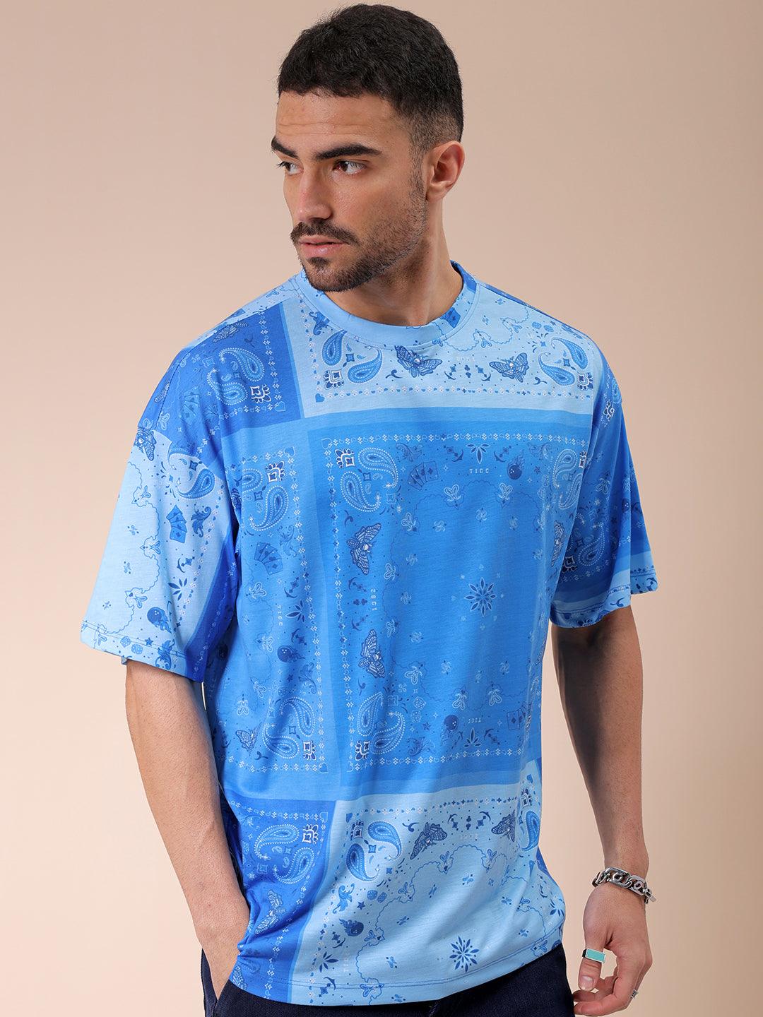 Men's Blue Oversized Paisley Printed T-Shirt