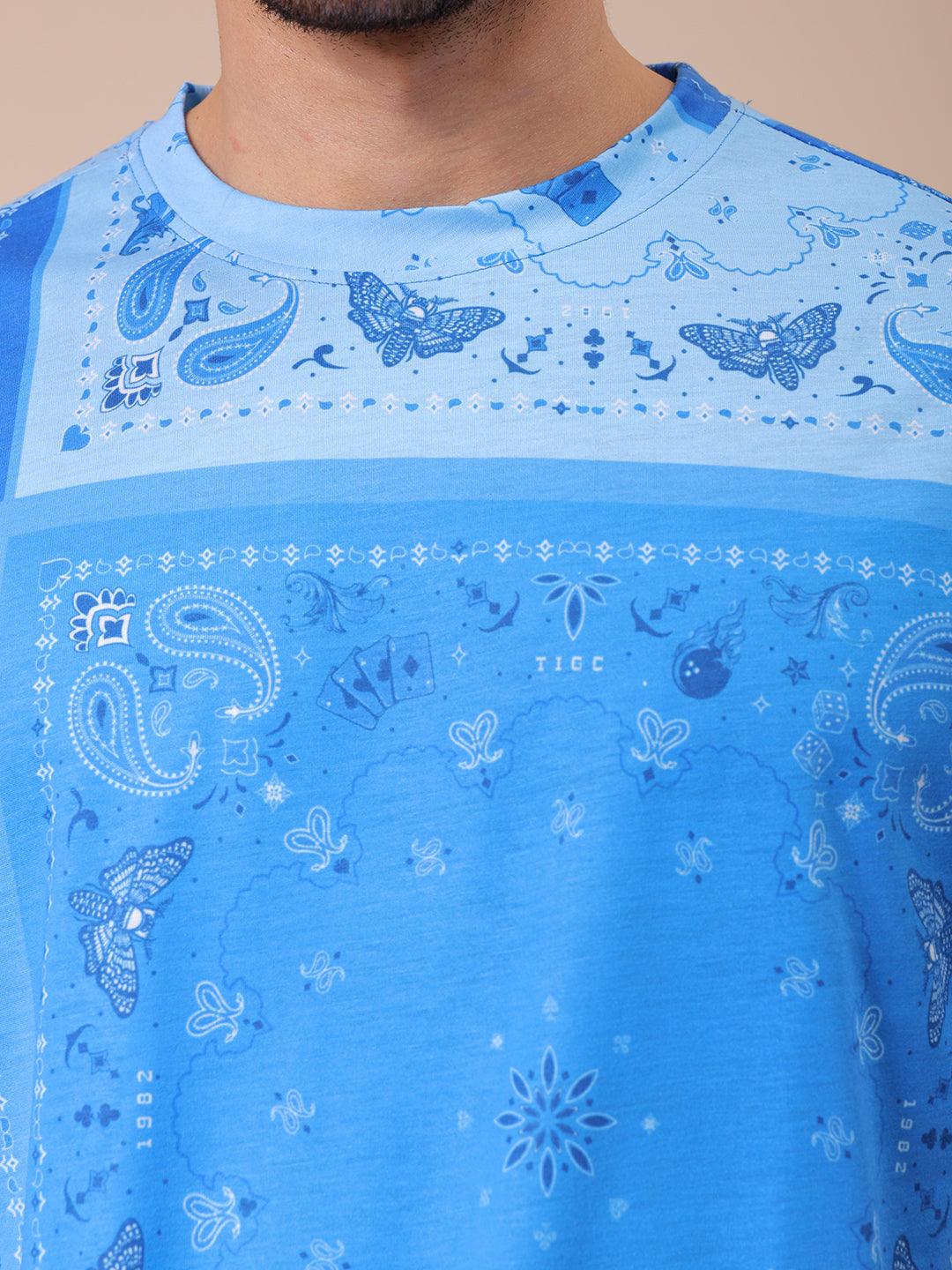 Men's Blue Oversized Paisley Printed T-Shirt