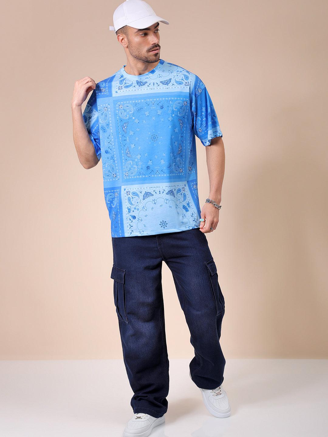 Men's Blue Oversized Paisley Printed T-Shirt