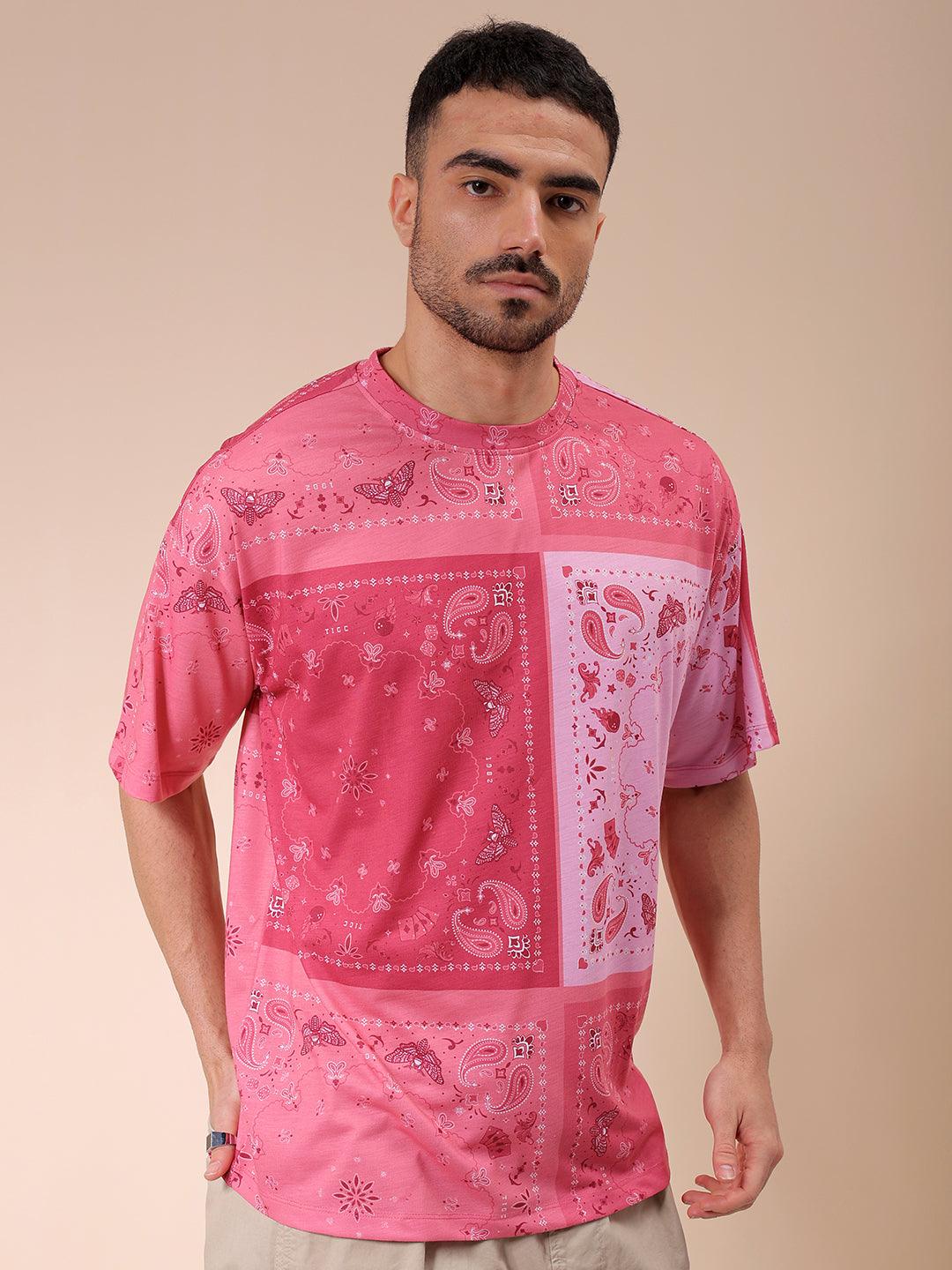 Men's Pink Oversized Paisley Printed T-Shirt