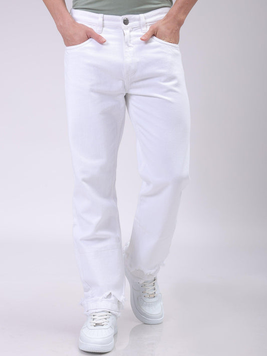 Men's White Vintage Straight Fit Solid Distressed Jeans