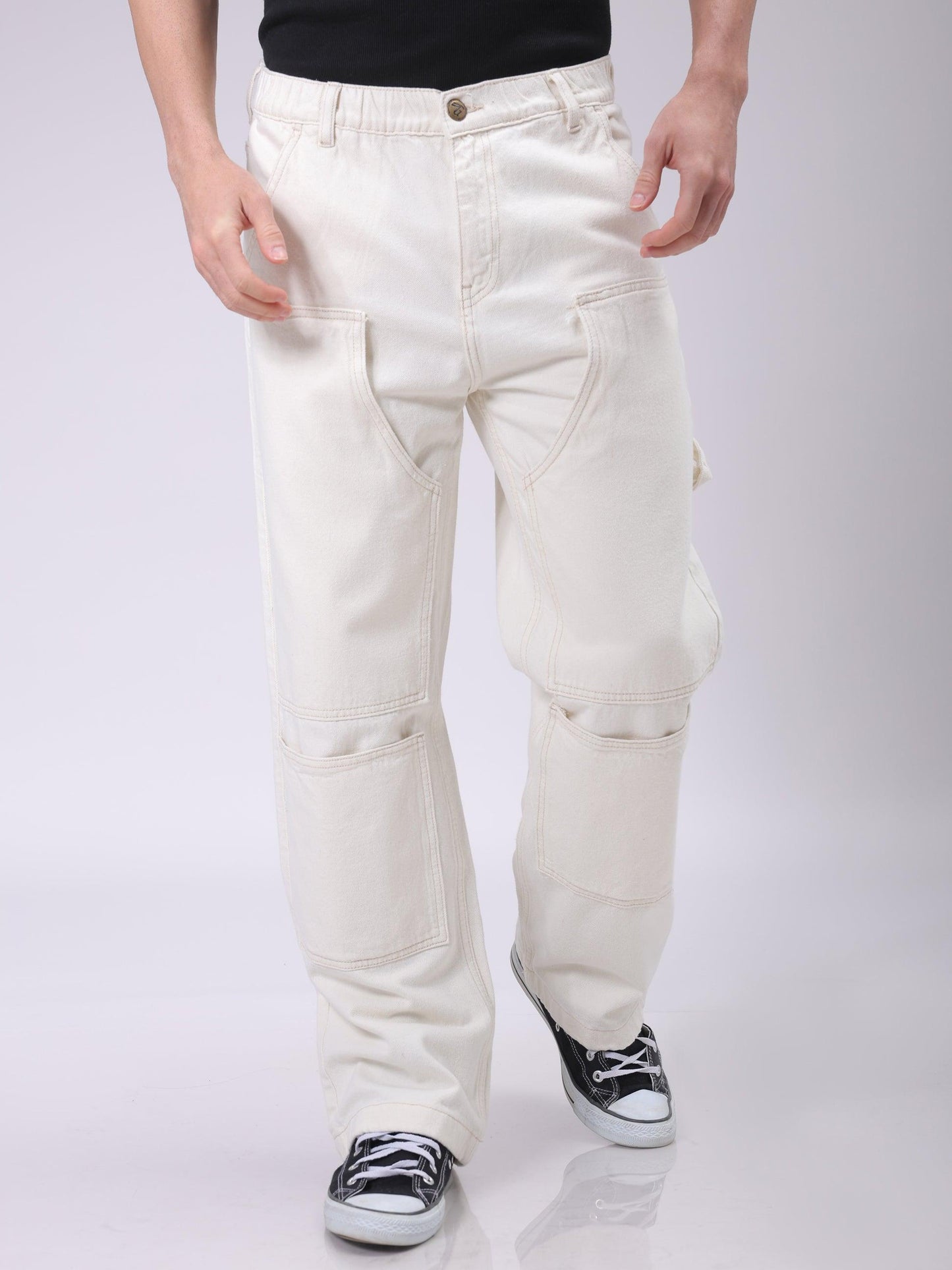 Men's White Relaxed Fit Solid Carpenter Jeans