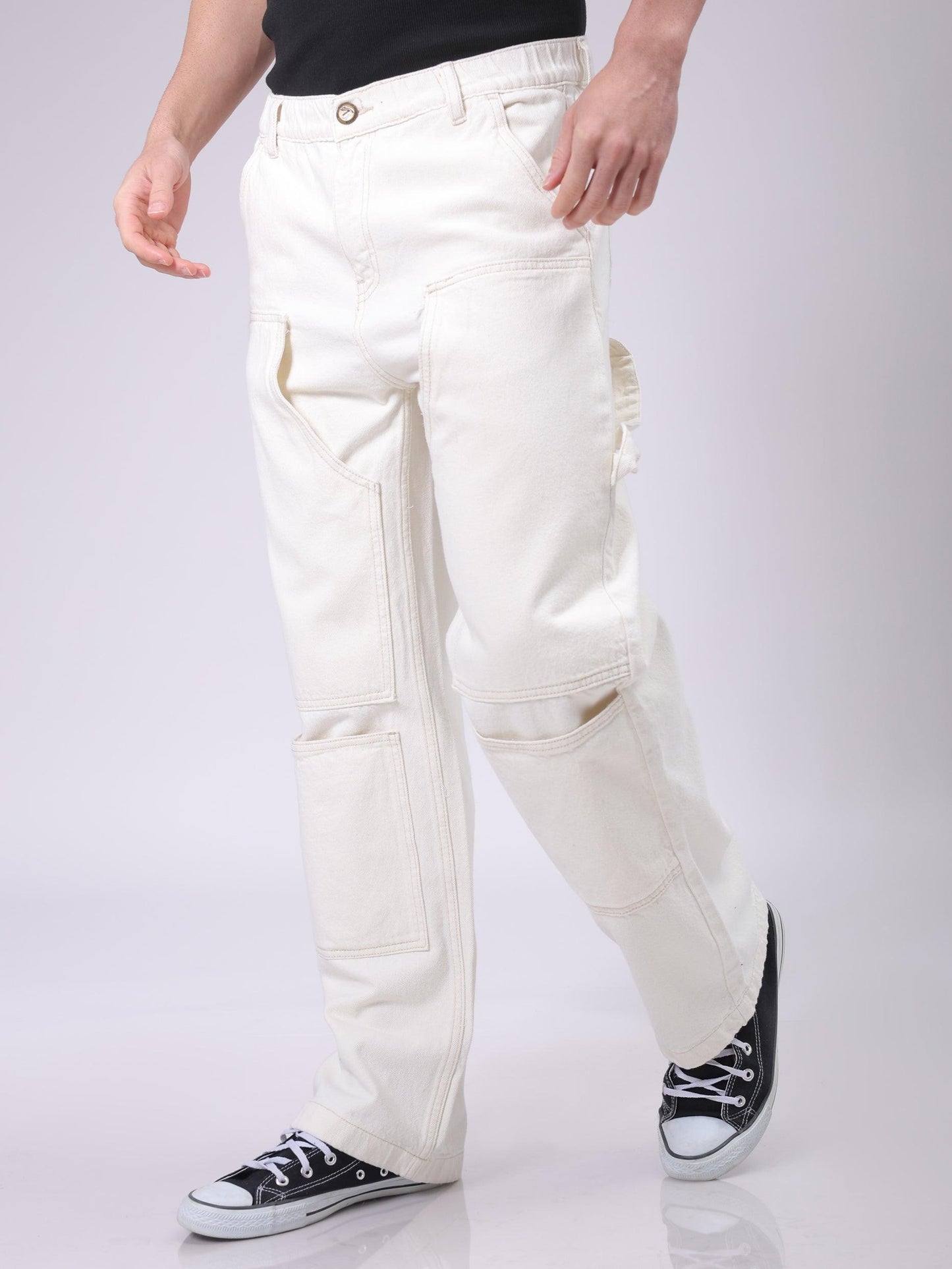 Men's White Relaxed Fit Solid Carpenter Jeans