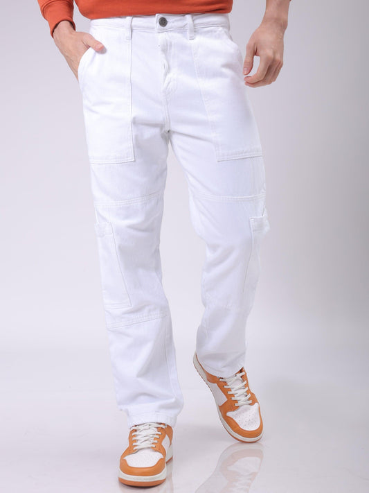 Men's White Dad Fit Solid Utility Cargo Jeans