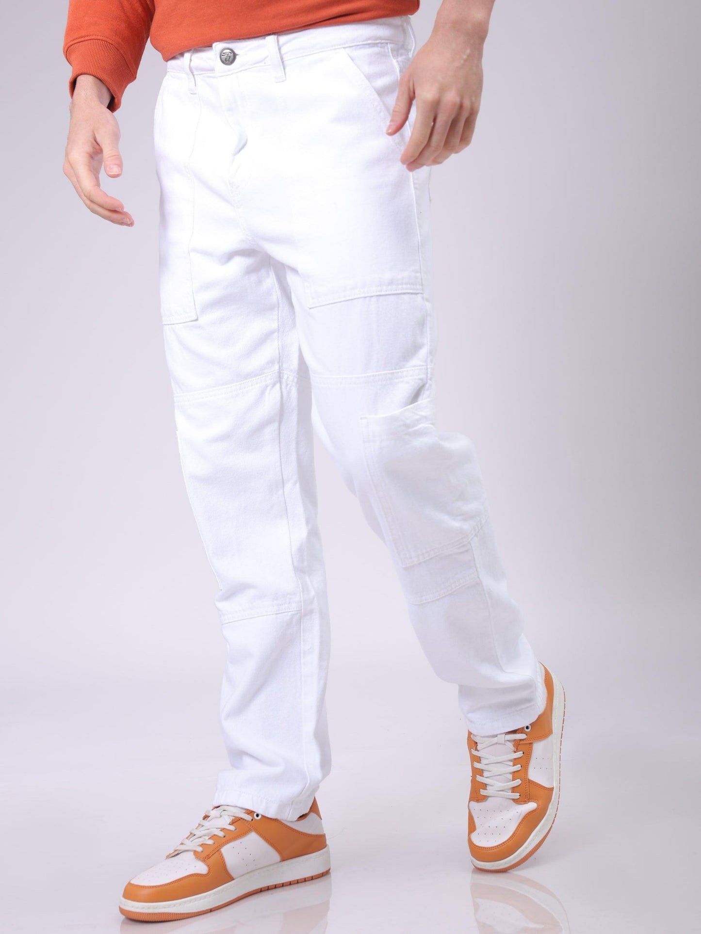 Men's White Dad Fit Solid Utility Cargo Jeans