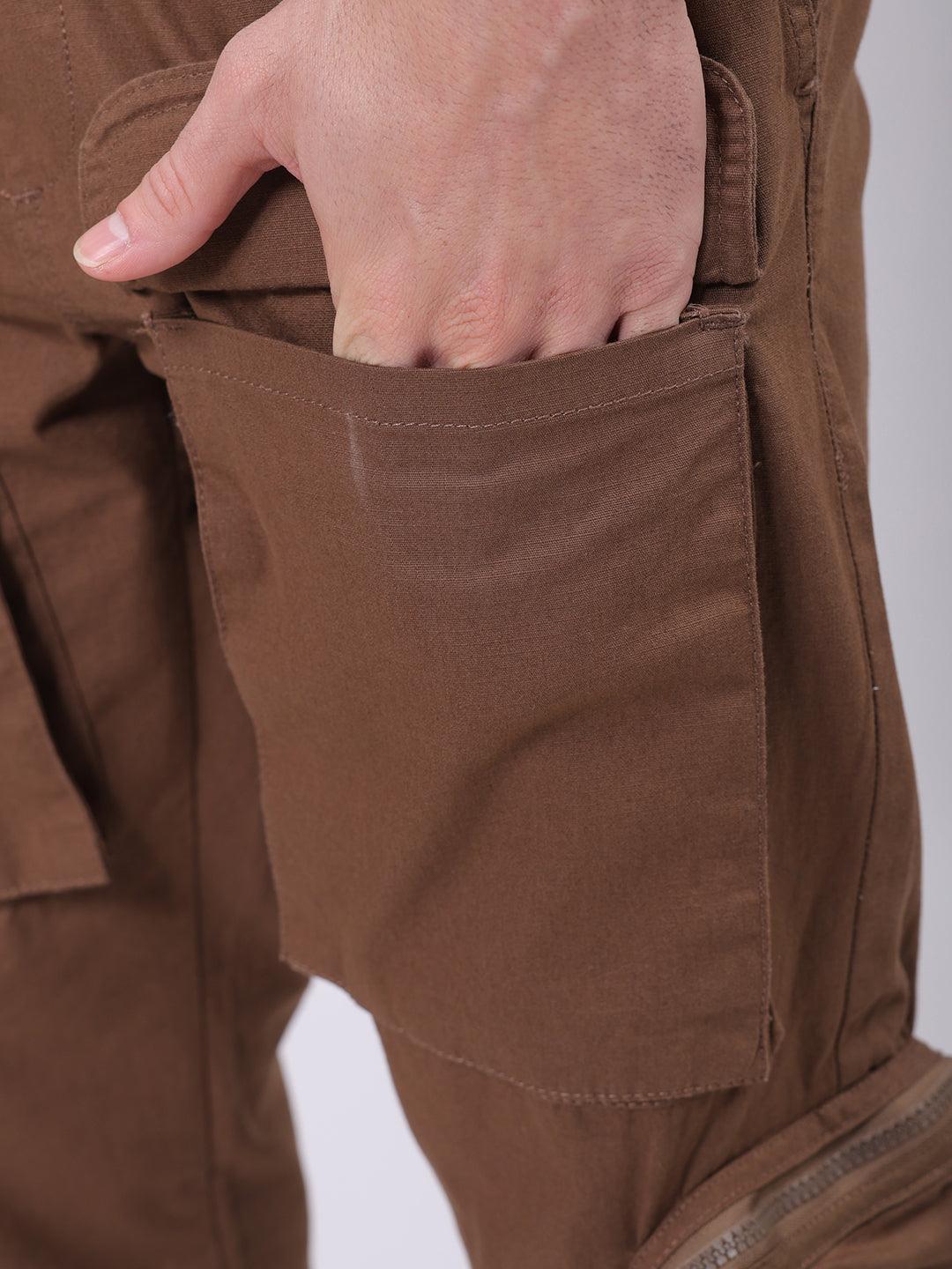 Men's Brown Regular Fit Solid Utility Cargo Jogger