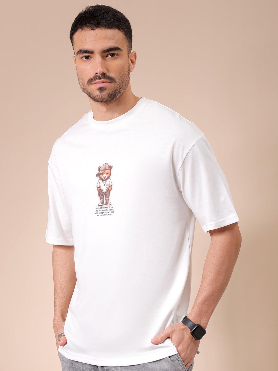 Men's White Oversized Graphic Back Printed T-Shirt