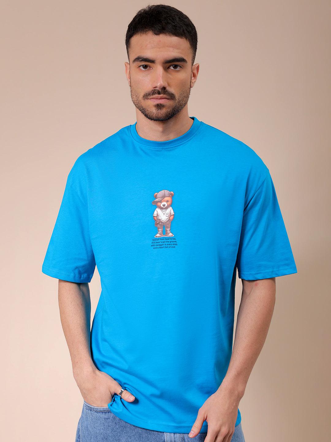 Men's Teal Oversized Graphic Back Printed T-Shirt