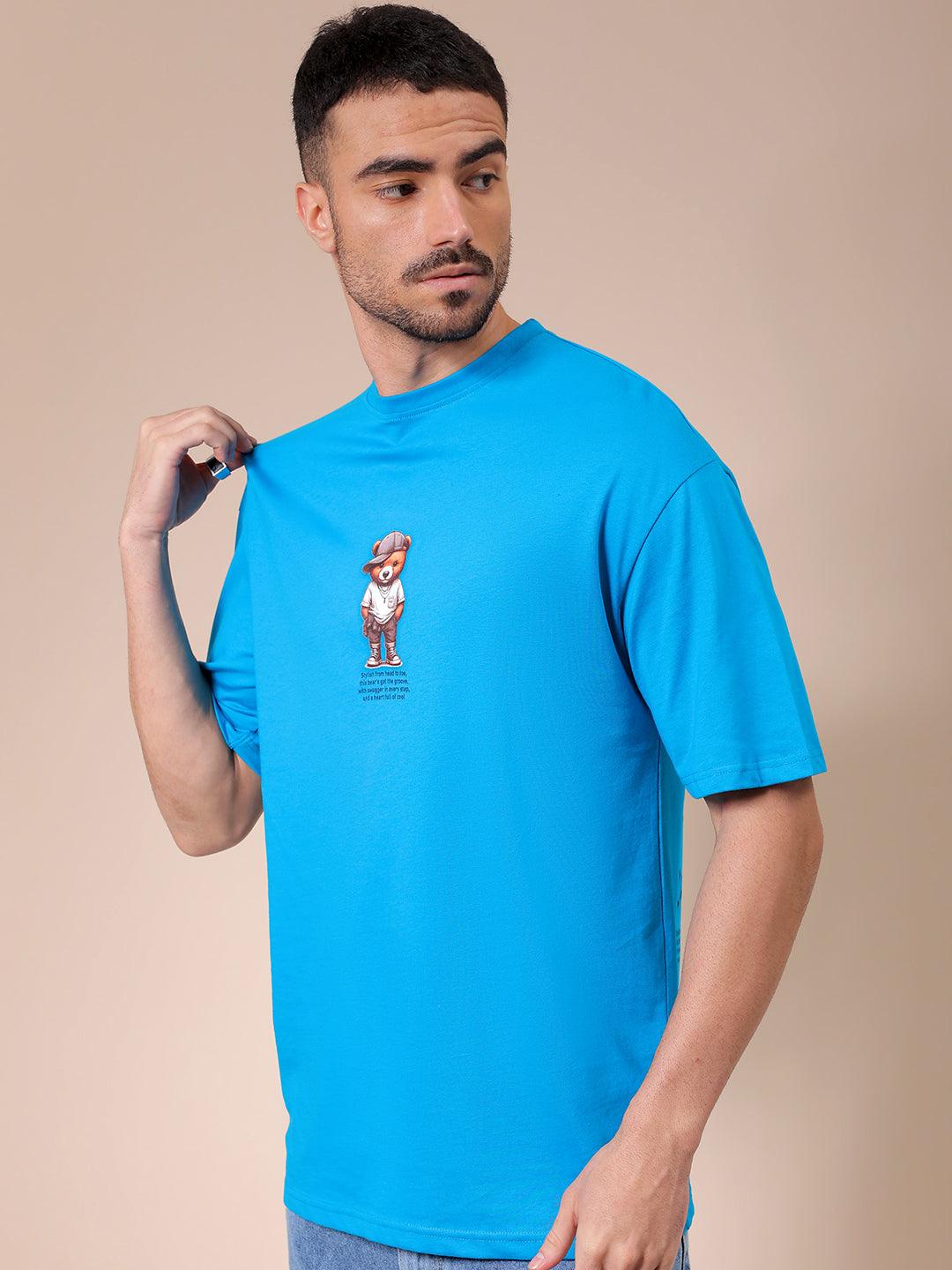 Men's Teal Oversized Graphic Back Printed T-Shirt