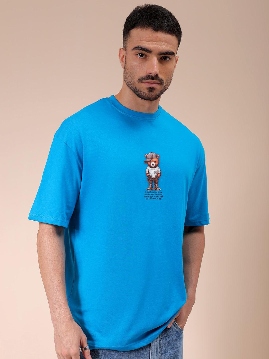 Men's Teal Oversized Graphic Back Printed T-Shirt