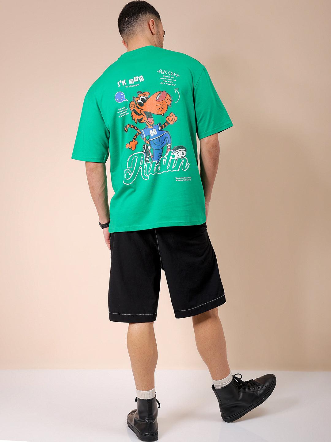 Men's Green Oversized Graphic Back Printed T-Shirt