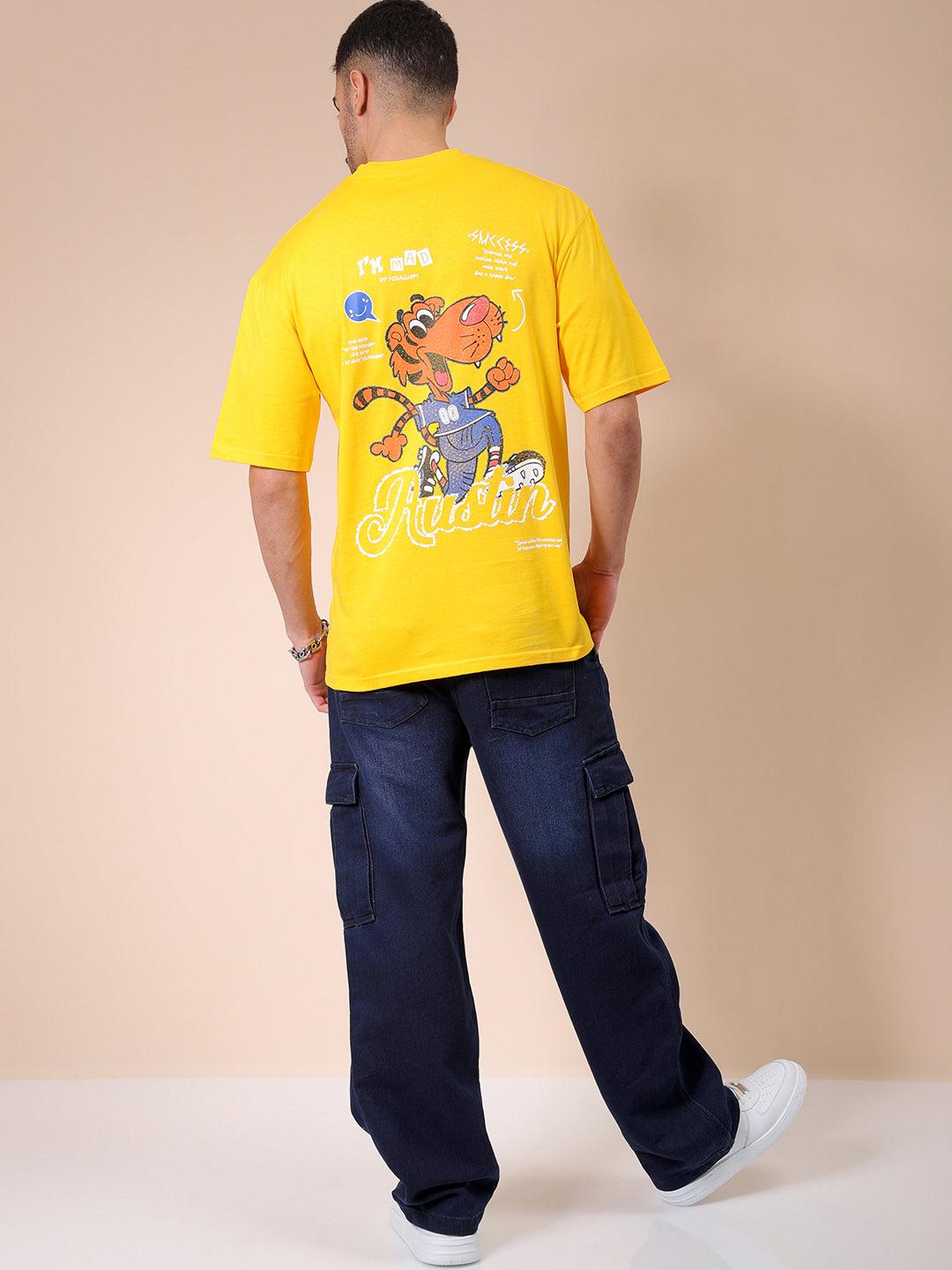 Men's Yellow Oversized Graphic Back Printed T-Shirt