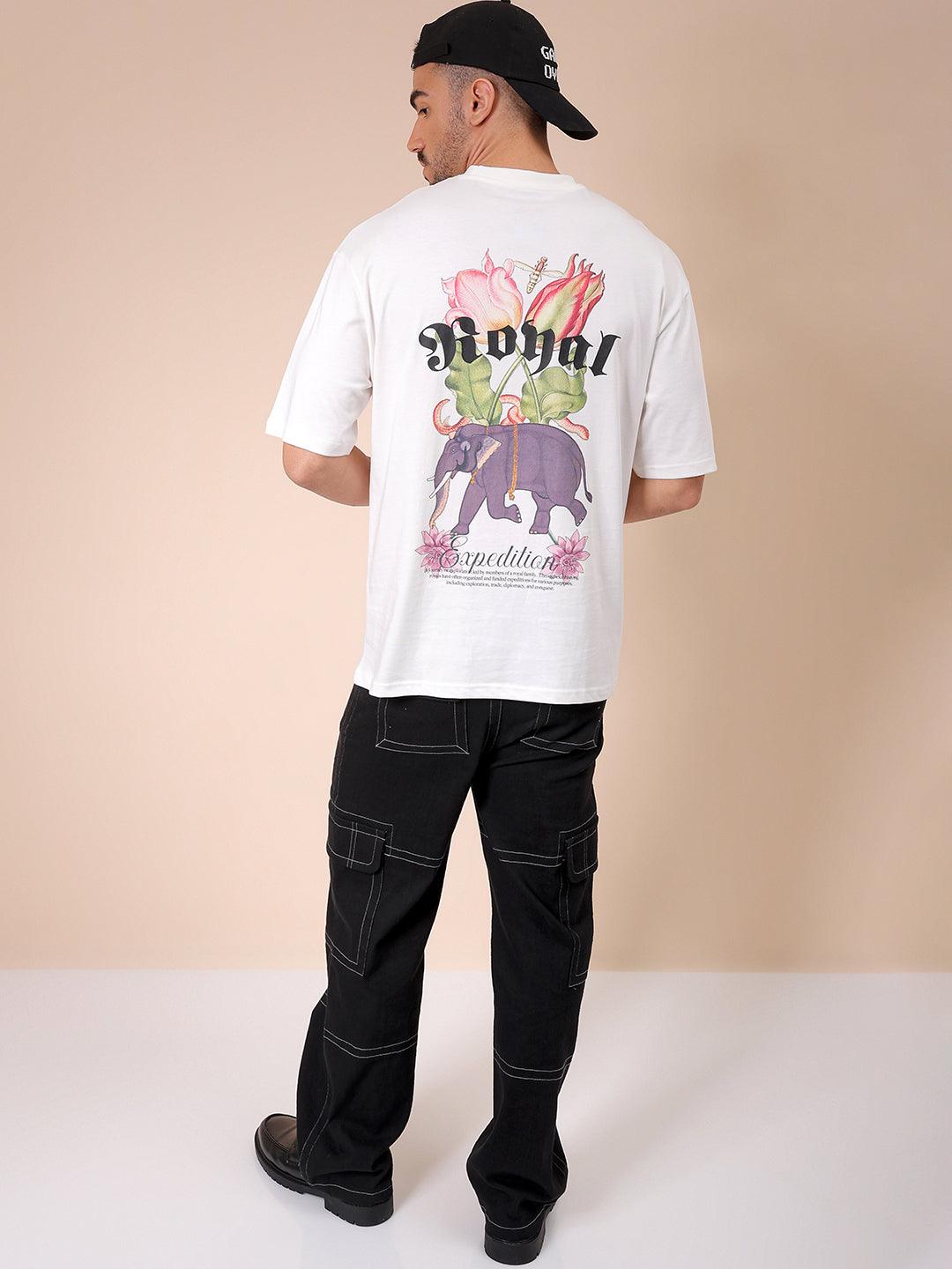 Men's White Oversized Graphic Back Printed T-Shirt