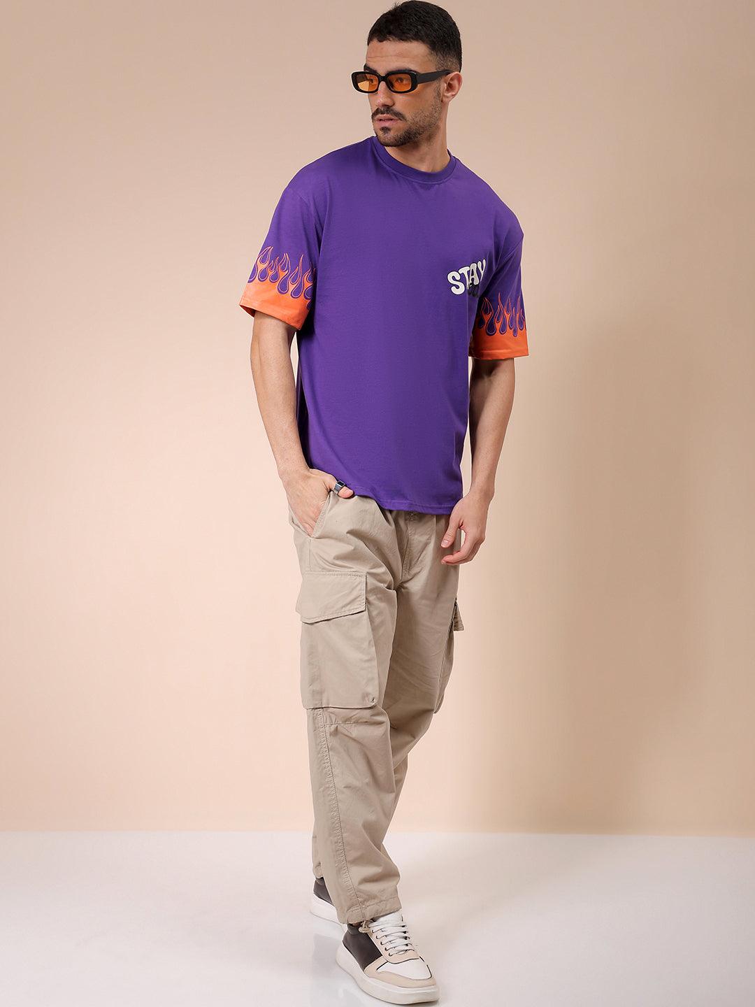 Men's Purple Oversized Graphic Back Printed T-Shirt