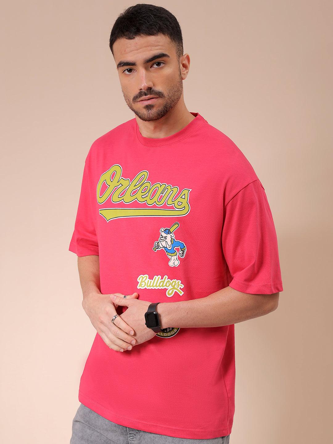 Men's Pink Oversized Placement Printed T-Shirt