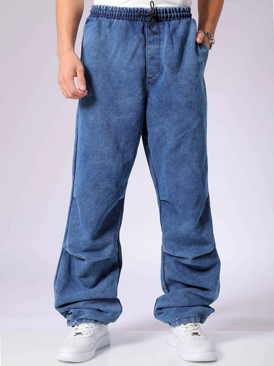 Men's Blue Baggy Tapered Fit Solid Denim Jogger