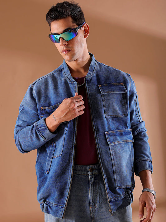 Men's Solid Relaxed Fit Utility Denim Jacket