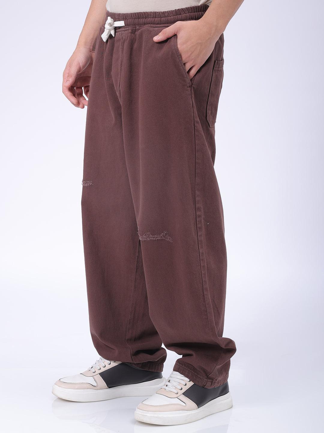 Men's Brown Barrel Loose Fit Solid Denim Jogger