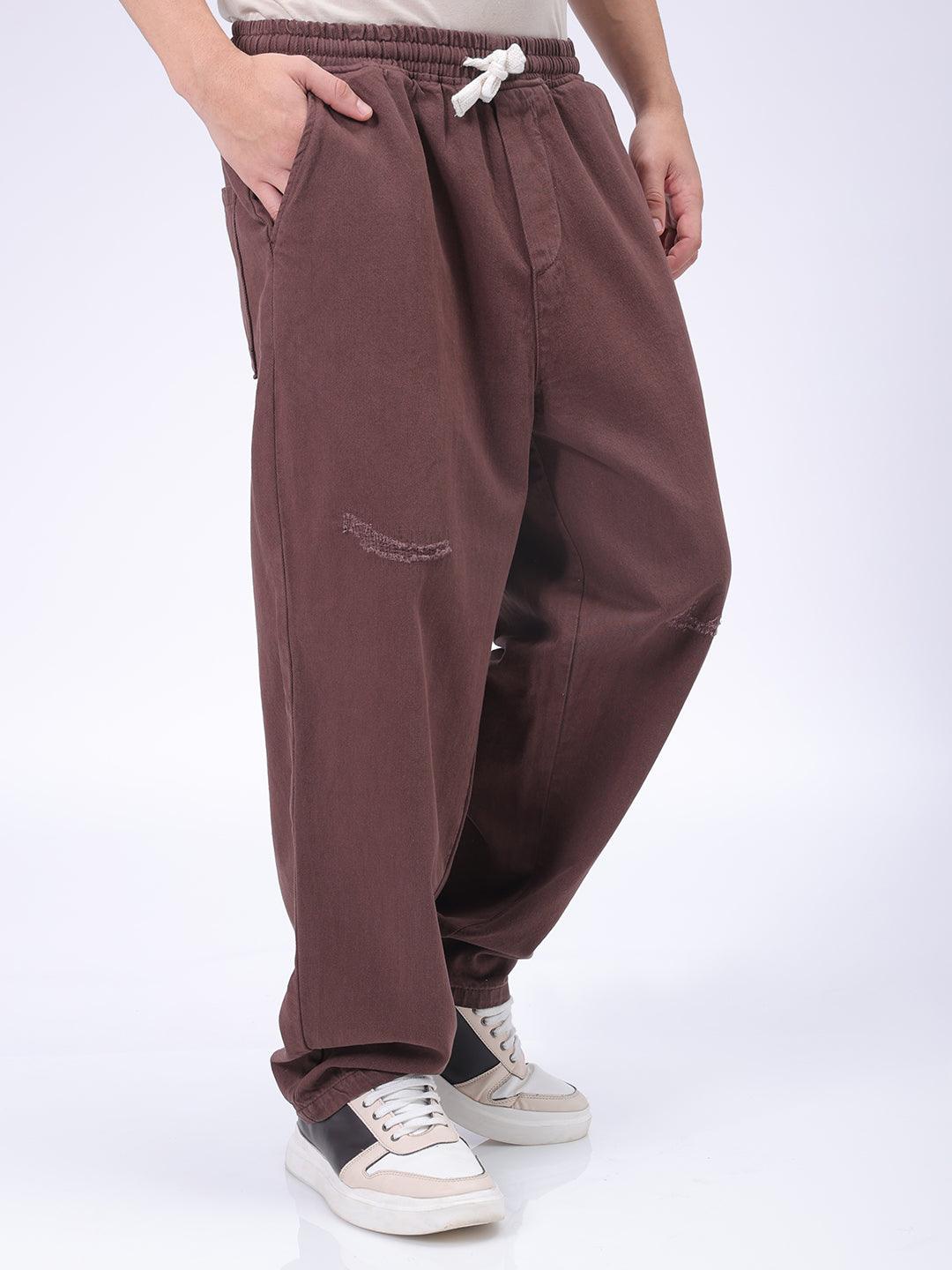 Men's Brown Barrel Loose Fit Solid Denim Jogger