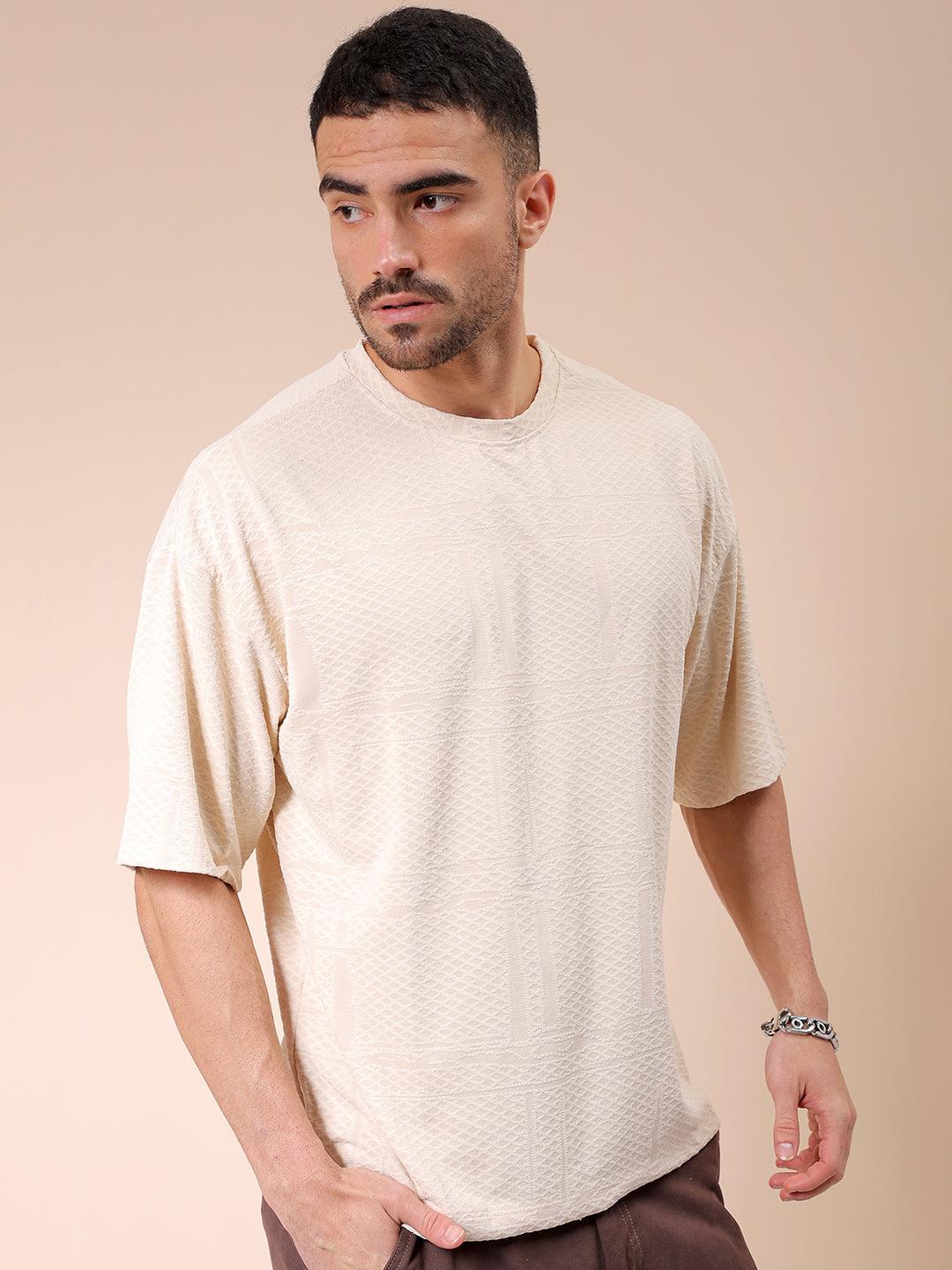 Men's Cream Oversized Self Design T-Shirt