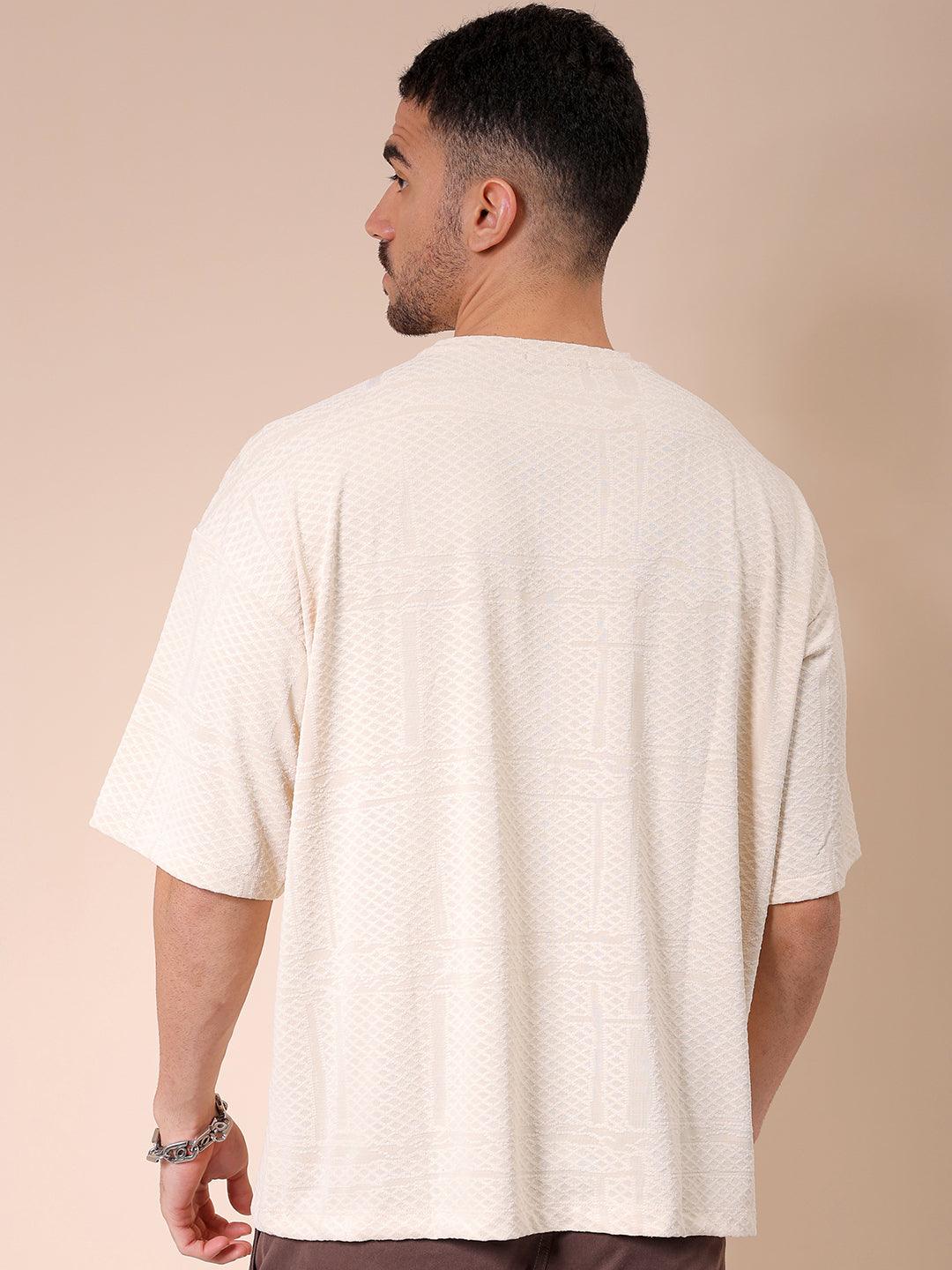 Men's Cream Oversized Self Design T-Shirt